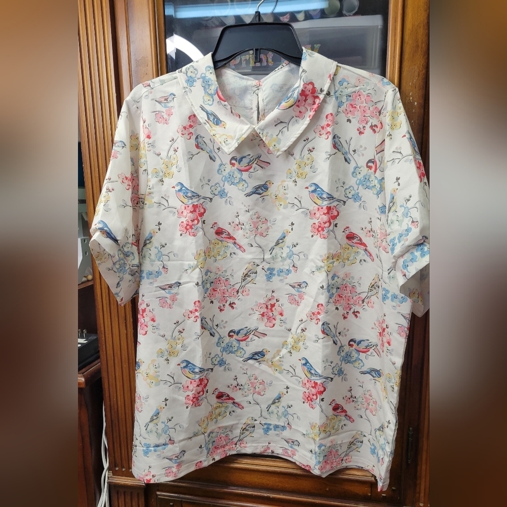 Floral Bird Print Short Sleeve Shirt XXL
